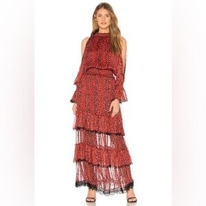 ROCOCO SAND Cold Shoulder Long Dress with ruffles in Red & Black size Medium